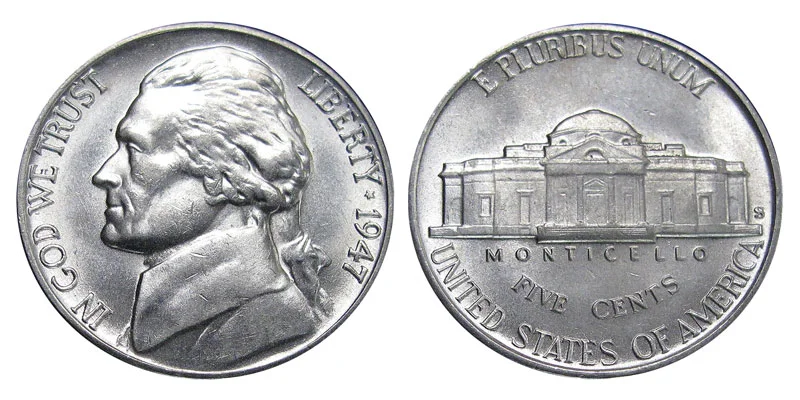 1947 Jefferson nickel obverse and reverse showing no-mint-mark, D, and S varieties with Monticello reverse and mint mark positions