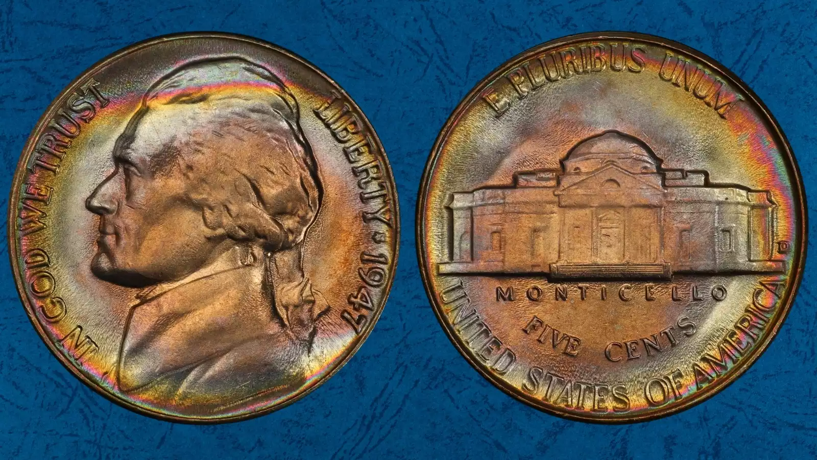 1947 Jefferson nickel grading strip showing four condition tiers from heavily worn Good through gem uncirculated MS66