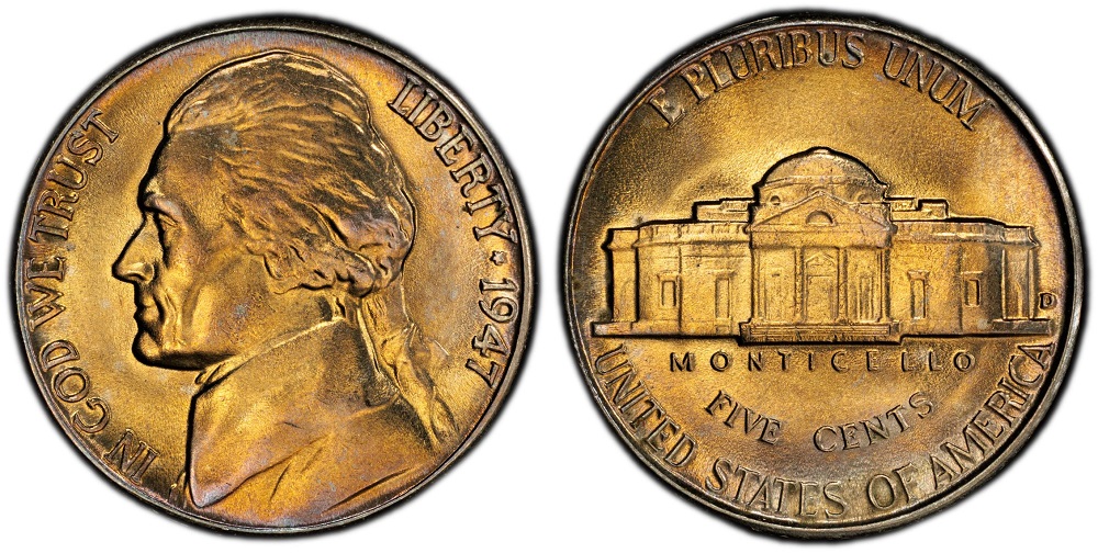 1947 nickel Monticello reverse comparison: left weak strike with merged steps, right Full Steps with five clear unbroken step lines