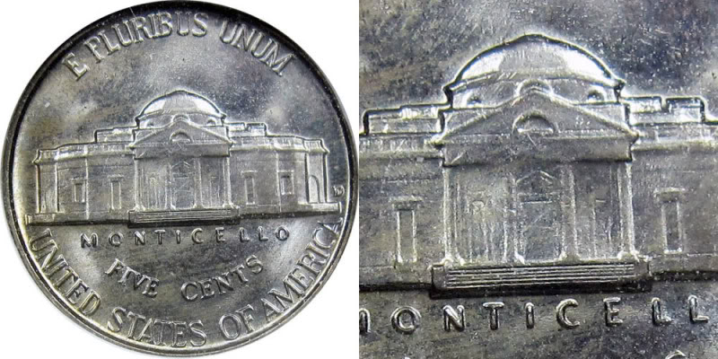1947-S Jefferson nickel Full Steps reverse macro showing five complete unbroken Monticello step lines with clear separation