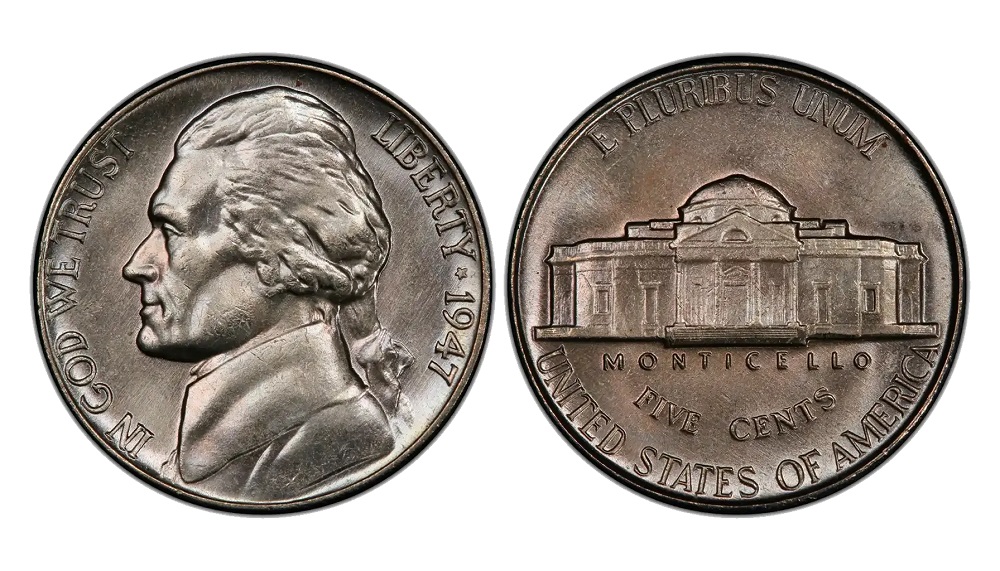 Comparison: genuine 1947 nickel PLURIBUS R (left) versus Henning counterfeit showing looped R with hole inside letter legs (right)