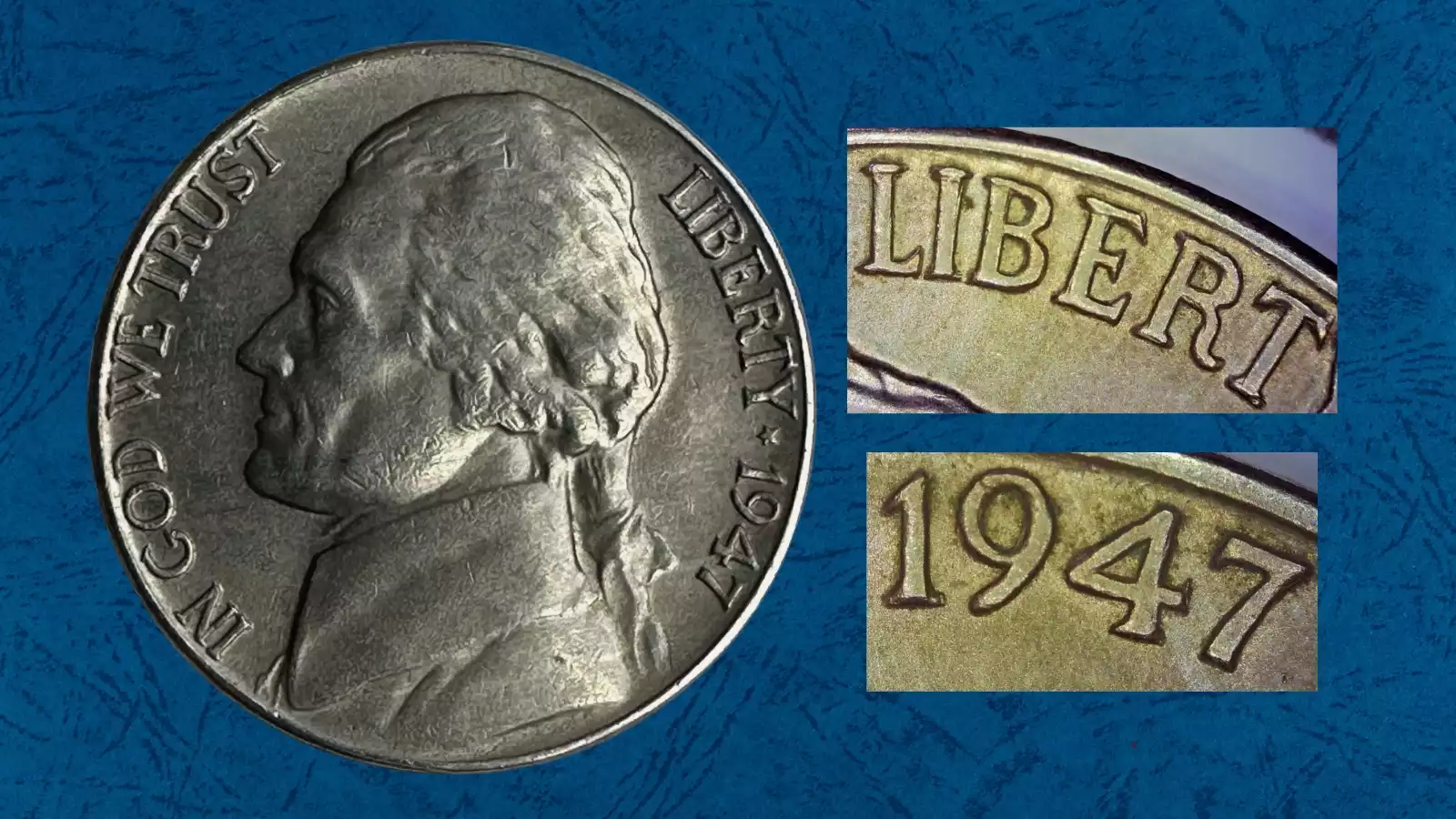 1947 Jefferson nickel doubled die reverse showing rounded secondary image doubling on FIVE CENTS and MONTICELLO lettering