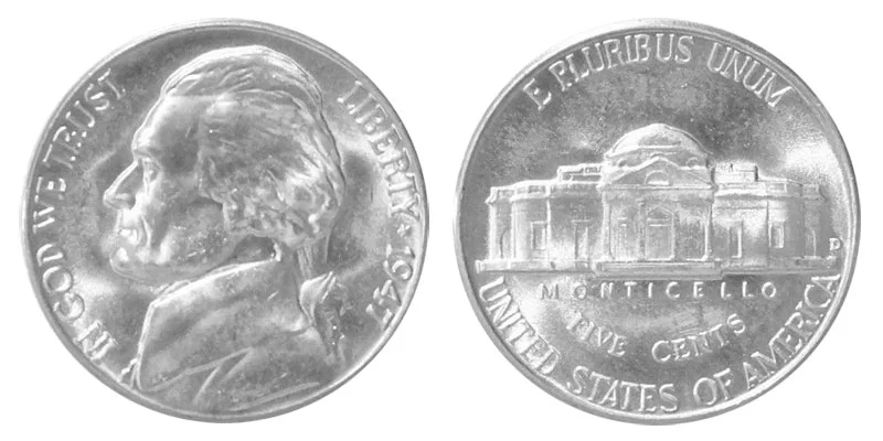 1947-D Jefferson nickel WRPM-001 repunched mint mark showing secondary D impression with split serifs beside primary mintmark