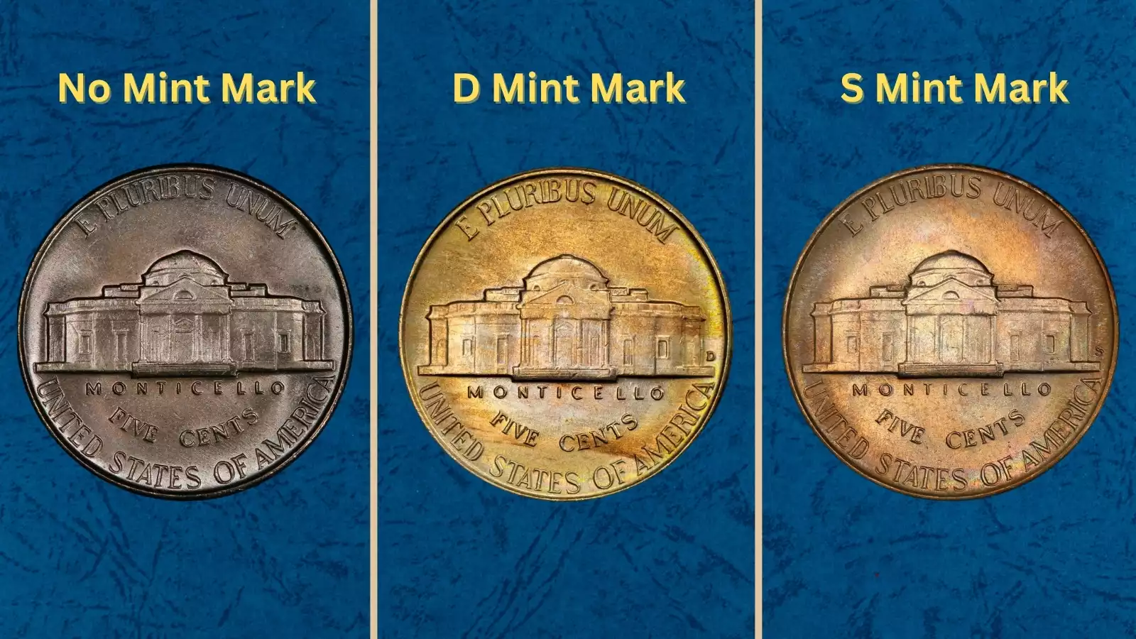 Three 1947 Jefferson nickels showing no-mint-mark Philadelphia, D Denver, and S San Francisco varieties side by side reverse up